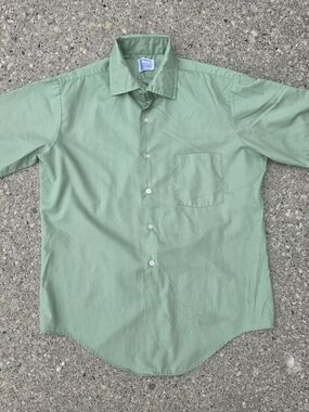 Vintage Towncraft Penn Prest Sage Green Button Up Shirt Mens Large 60s 70s